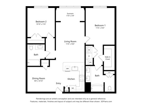 Floor plan for 2 beds, 2 baths, 1170 sqft
